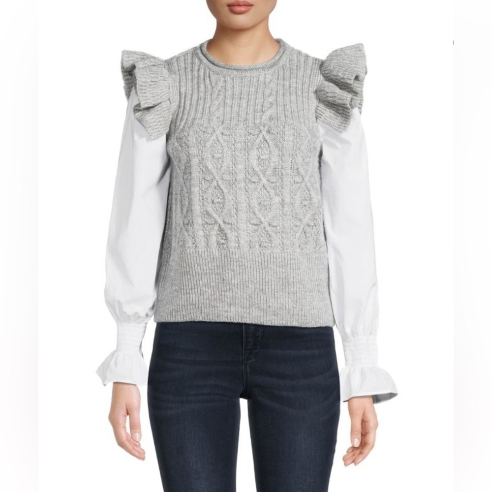Design History 80s Retro Cable Knit Ruffled Shoulder Mixed Media Sweater Top L